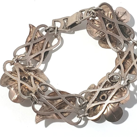 Vintage Sterling Silver Vermeil Flower Link Blue Stone Bracelet #7904 - Picture 3 of 6